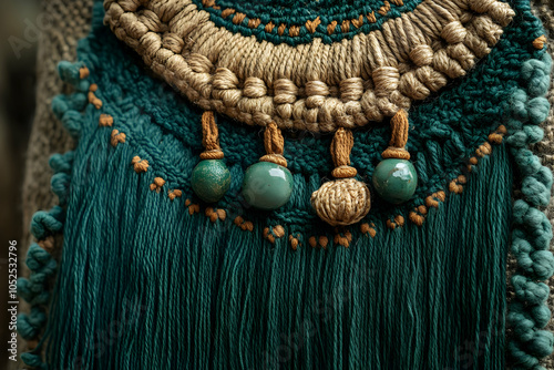 A vibrant textile necklace featuring intricate fringe and natural elements, showcasing rich turquoise and earth tones. photo