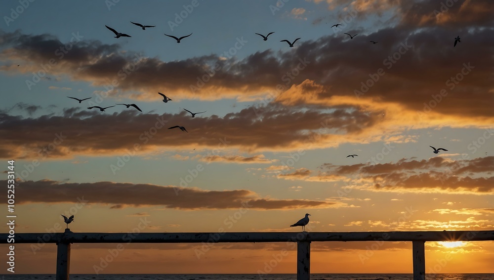 Obraz premium Serene sunset with seagulls perched on a ledge