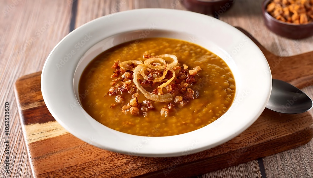 delicious looking lentil soup with crispy fried onions on top, served in a white bowl on a white Background delicious looking lentil soup with crispy fried onions on top, served in a white bowl on a white Background
