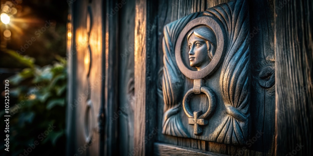 Woman Symbol on Rustic Wood Door - High Depth of Field Image for Women's Empowerment Themes Woman Symbol on Rustic Wood Door - High Depth of Field Image for Women's Empowerment Themes