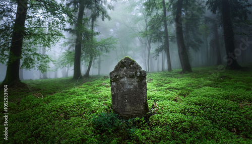 Ancient grave stone in misty forest, green moss. Dark tones. Natural landscape.