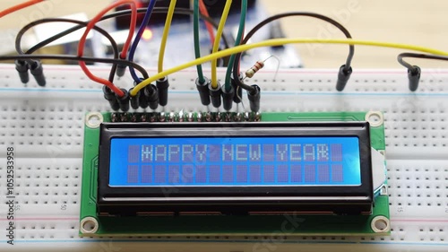Electronic display with the inscription Happy New Year 2025. Electrical components with a microcontroller and wires. Arduino prototype
