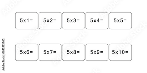 Multiplication and division table of 5. Maths card with an example, drawing. Multiplication Square, vector illustration. Printed products, banner, table for children, schoolchildren. School education