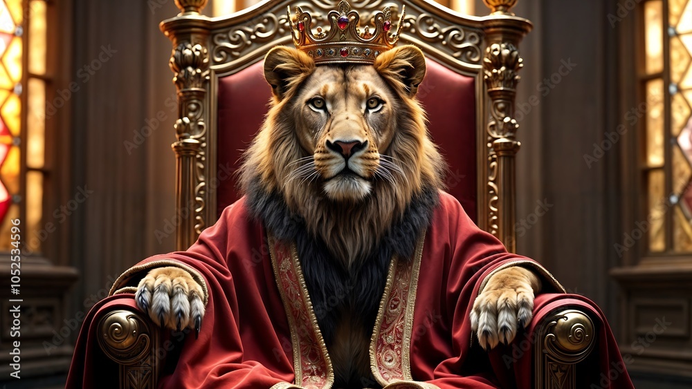 Fototapeta premium Majestic Lion with Crown in Fiery Volcano Background, Lion of Judah Concept.