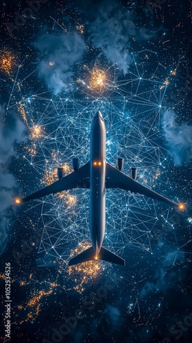 An impressive jet airplane soars above a vibrant cityscape at night, enhanced with a dynamic network of digital lines and glowing nodes symbolizing modern connectivity. photo