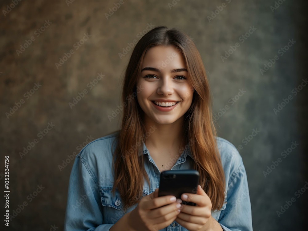 Fototapeta premium Smiling young woman holding phone
