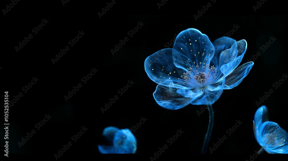Glowing blue flower in dark background with luminescent petals