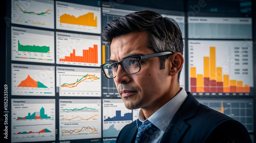 Businessman in glasses against the background of graphs.