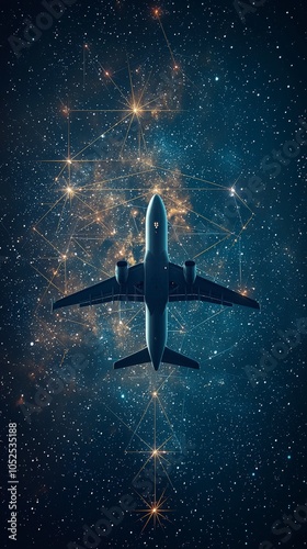 A plane traverses through a cosmic depiction of a starry universe, with a glowing network interwoven in the scene, illustrating exploration and boundless connectivity. photo