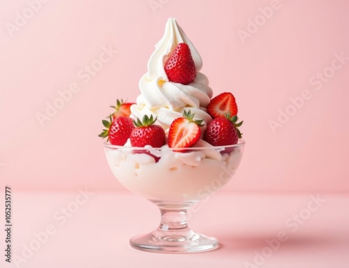 strawberry ice cream with strawberries in a glass cup