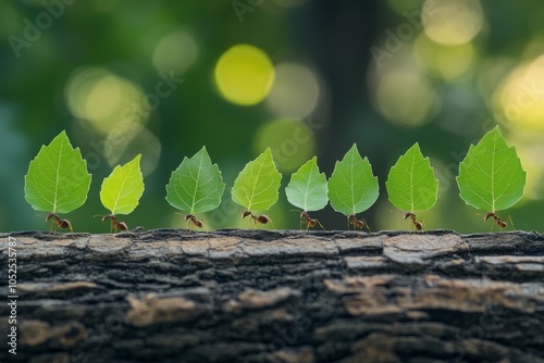 Conceptual photography showcasing ants transporting leaves in a sustainable eco friendly environment