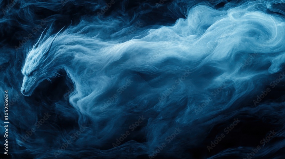 Obraz premium A mystical blue horse made of swirling smoke, embodying a sense of ethereal beauty and fantasy against a dark, smoky background.