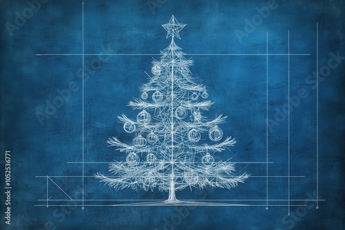 Christmas tree blueprint on blue background	
