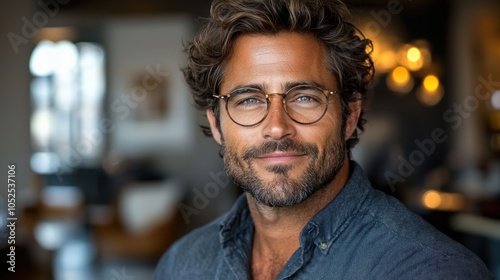 A man with glasses and a beard smiles warmly in a stylish café during a sunny afternoon photo