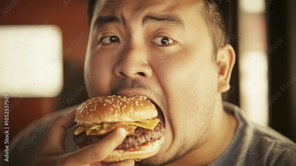 A man is eating a hamburger with a big smile on his face