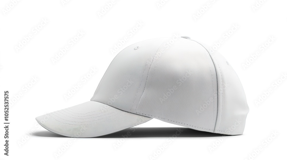 White baseball cap positioned in a side view on a white background, highlighting the cap's sleek curved visor, smooth fabric texture, and subtle stitching along the seams White baseball cap positioned in a side view on a white background, highlighting the cap's sleek curved visor, smooth fabric texture, and subtle stitching along the seams