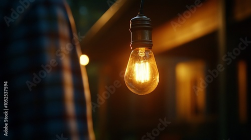 A single glowing light bulb hangs from a cord in front of a rustic building.