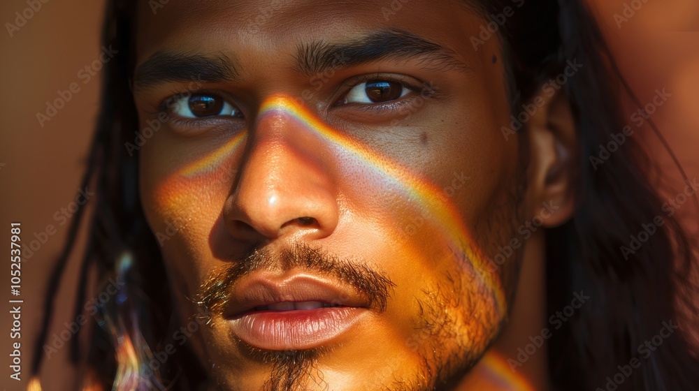 Portrait of a man with rainbow light reflections on face Portrait of a man with rainbow light reflections on face