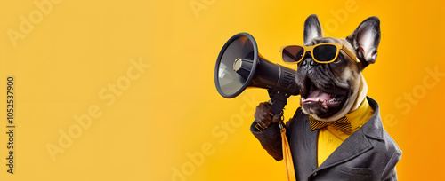 Puppy in sunglasses holding a megaphone in his paws. Movie production concept with clapper or slate board. isolated on yellow background