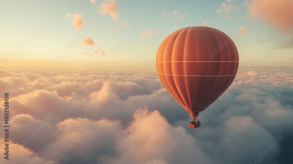Obraz premium A majestic hot air balloon, painted in vibrant hues, soars high above the fluffy clouds during a serene sunset, symbolizing freedom and adventure amidst a dreamy landscape.