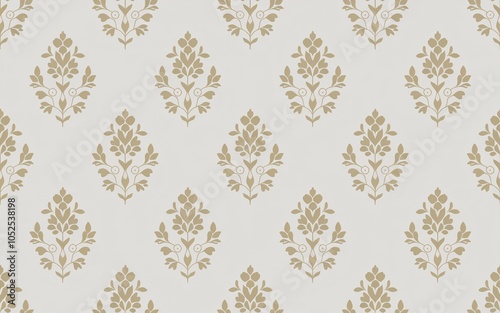 Seamless Gold on White Thai Floral Motif,Light Gray Floral Pattern with Leafy Motifs