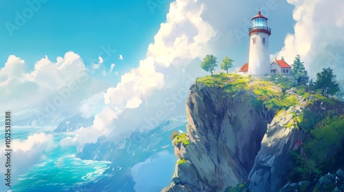 A striking lighthouse perched atop a rugged cliff, overlooking a vast ocean with a dramatic blue sky backdrop, highlighting steadfastness and guidance in a serene landscape.