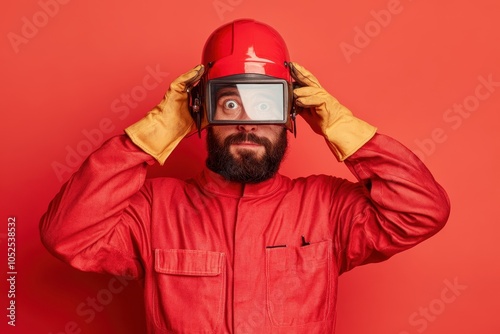 A worker wearing a protective helmet and gloves prepares for a task against a vibrant orange backdrop