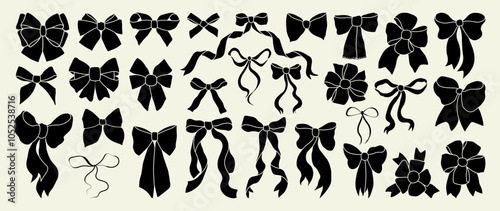 Set of ribbon bow silhouette icons. Holiday bows for gift wrapping. Various bowknots for birthday, Christmas, New Year, Valentines Day card, wedding decor, border, banner, website. Vector illustration