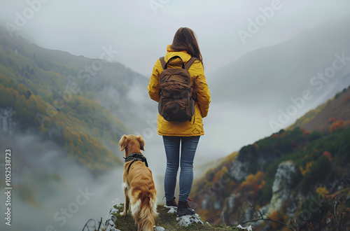 A young happy girl with a backpack and her faithful dog standing on top of a high mountain against a backdrop of other mountains. Autumn, fog photo