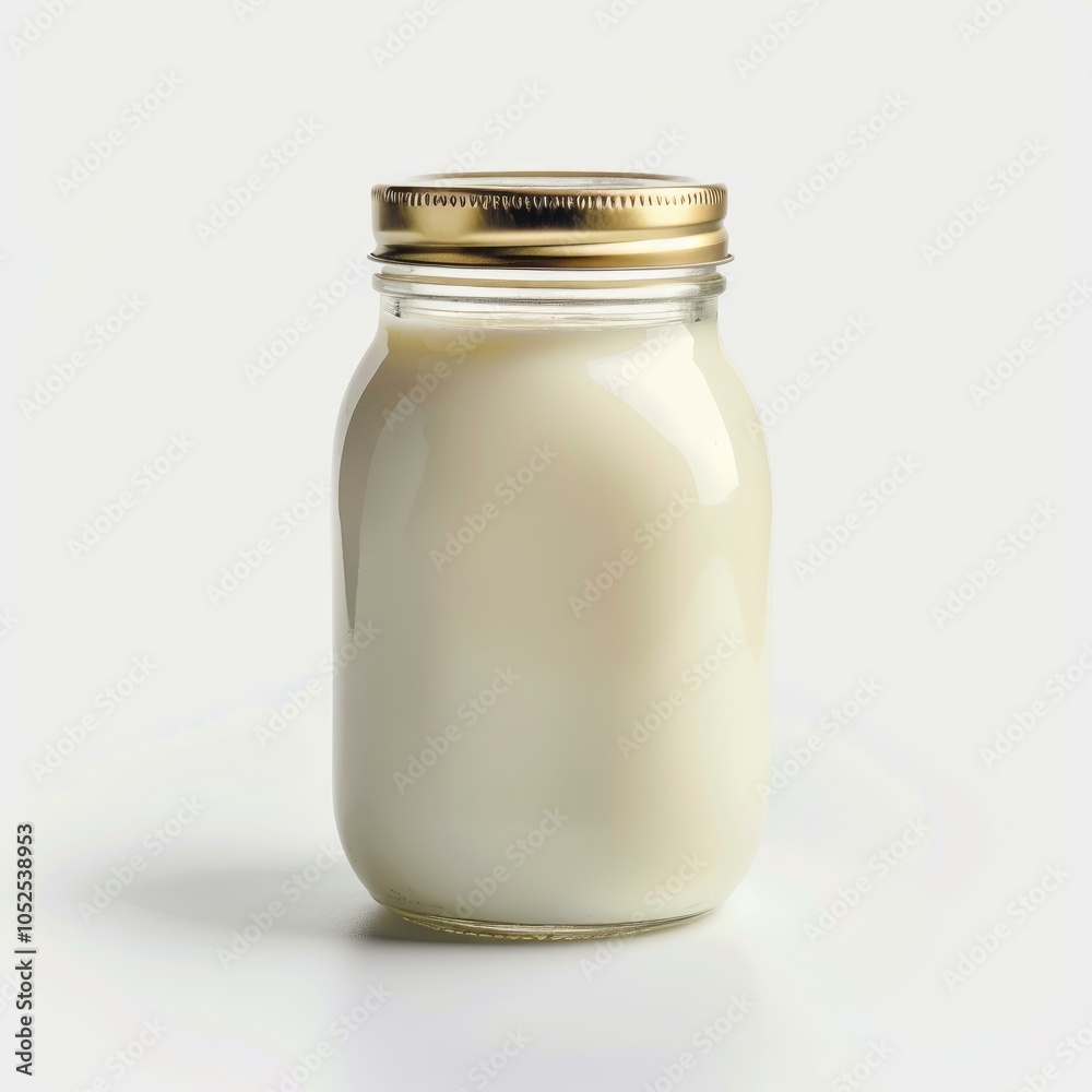 Glass jar with golden metal lid containing milk, isolated on white background, representing dairy product, healthy nutrition, and freshness Glass jar with golden metal lid containing milk, isolated on white background, representing dairy product, healthy nutrition, and freshness