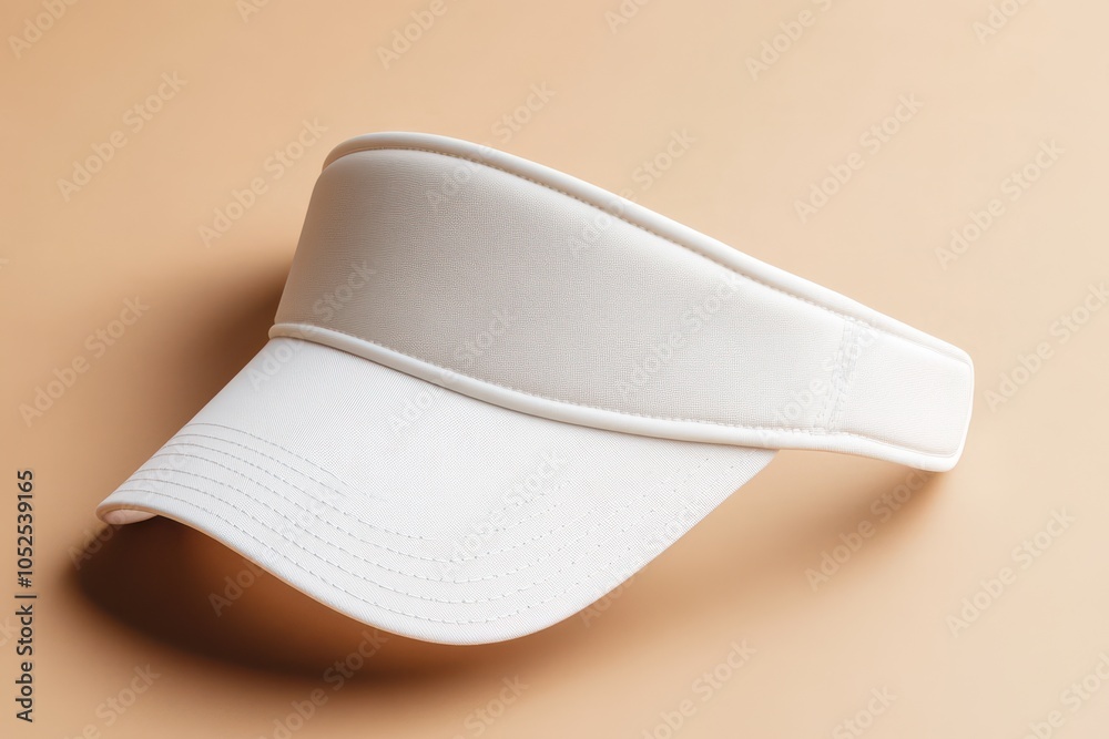 Stylish white visor resting on a beige surface, highlighting its design and texture in natural light Stylish white visor resting on a beige surface, highlighting its design and texture in natural light