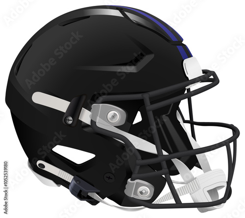 Realistic black 3D helmet for American Football with two purple stripes. Black mask with chin strap