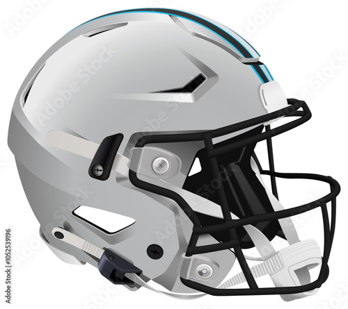Realistic gray 3D helmet for American Football with blue and black stripes. Black mask with chin strap