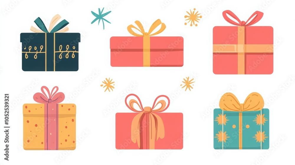 Set of gift boxes with ribbons and bows on a white background. The boxes in different colors and shapes, with colorful design elements. Confetti, fireworks, festive elements, celebratory concept. Set of gift boxes with ribbons and bows on a white background. The boxes in different colors and shapes, with colorful design elements. Confetti, fireworks, festive elements, celebratory concept.