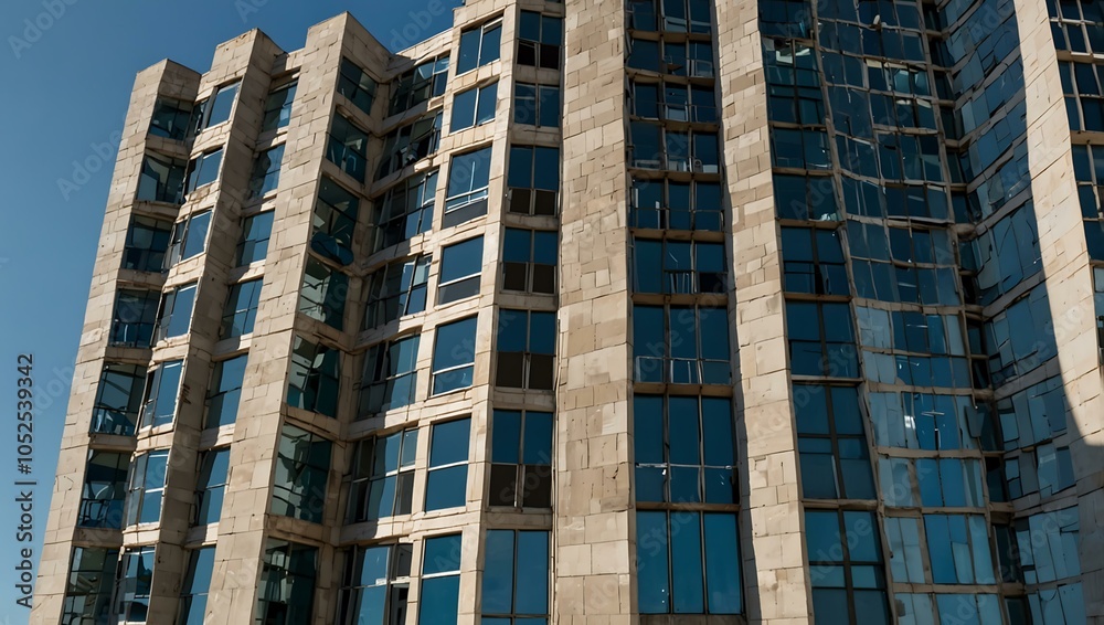 Tall building with numerous windows against a blue sky. Tall building with numerous windows against a blue sky.