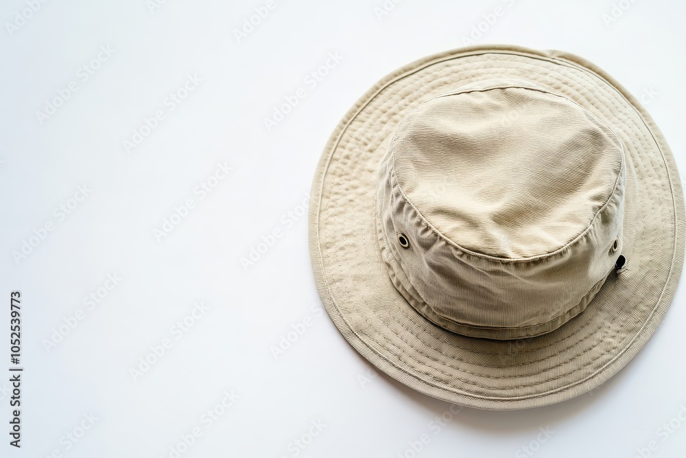 A light beige bucket hat resting on a plain white background, showcasing its textured fabric and design details A light beige bucket hat resting on a plain white background, showcasing its textured fabric and design details