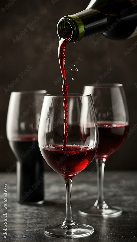 Fototapeta premium Three wine glasses with red wine, one being poured
