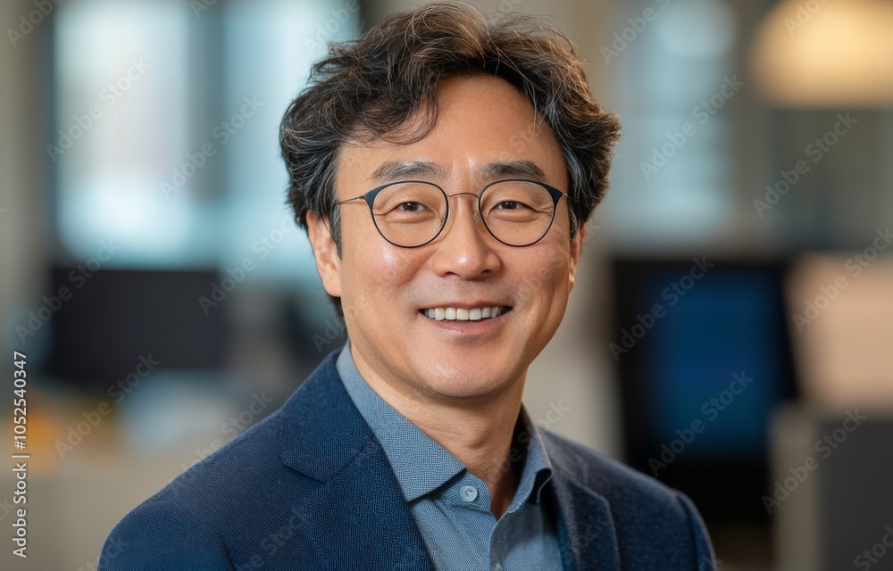 Professional man with glasses smiling in a modern office setting during daytime Professional man with glasses smiling in a modern office setting during daytime