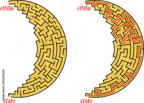 Maze inside the shape of crescent. Simple line not full moon labirinth with entrance and exit. Solution included.