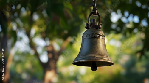 A vintage bronze bell hangs from a tree branch in a sunlit garden, surrounded by lush green foliage, creating a serene and nostalgic atmosphere.