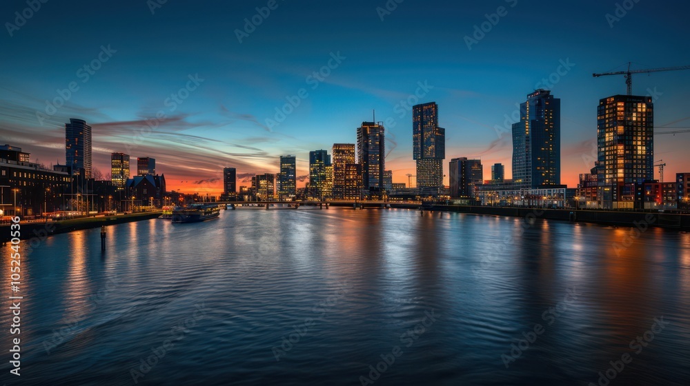 A vibrant city skyline at sunset reflecting on water, showcasing modern architecture and urban life. A vibrant city skyline at sunset reflecting on water, showcasing modern architecture and urban life.