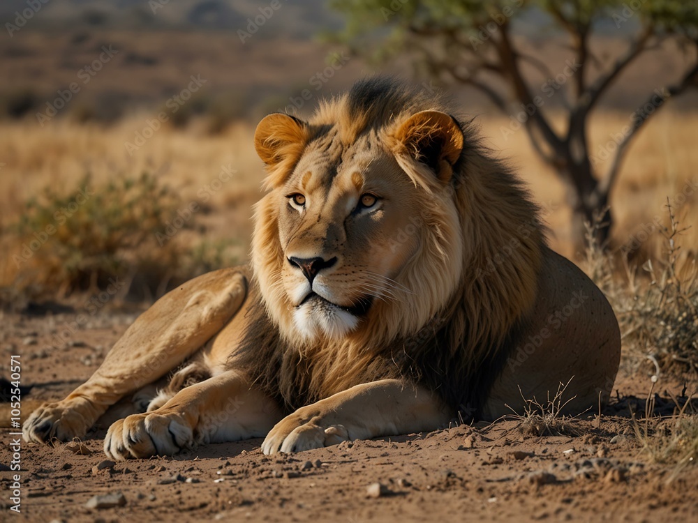 Two lions resting on the dry African terrain.