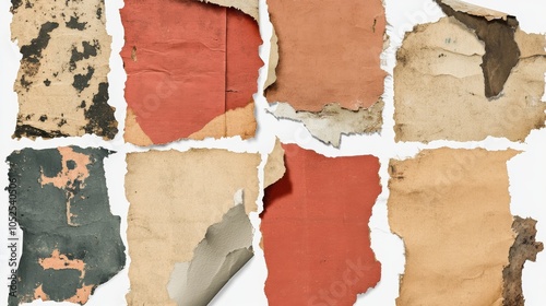 Collection of vintage, torn paper scraps, perfect for digital collage and grungy designs. photo