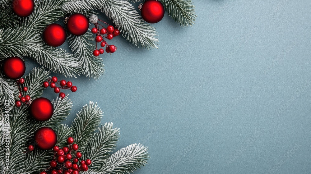 A festive arrangement unfolds with lush evergreen branches and striking red ornaments, evoking the warmth and charm of the holiday season in a serene winter backdrop A festive arrangement unfolds with lush evergreen branches and striking red ornaments, evoking the warmth and charm of the holiday season in a serene winter backdrop