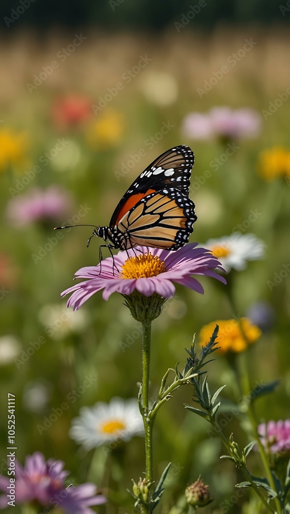 Vibrant butterfly on a flower in a meadow. Vibrant butterfly on a flower in a meadow.