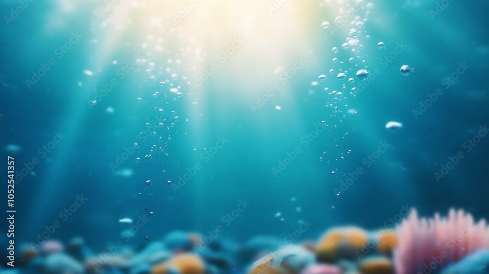 Obraz premium Sunlight filters through water creating a serene underwater environment with swimming fish