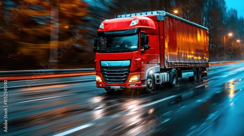 A red truck driving on a wet road, showcasing motion and transportation in a dynamic urban setting.