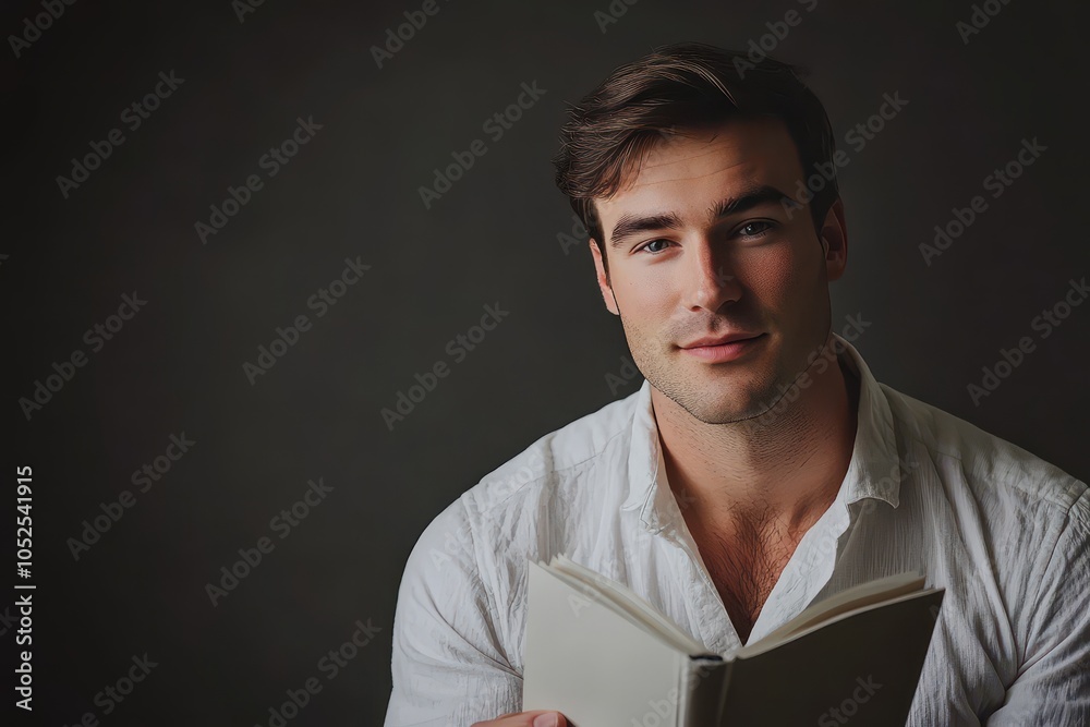 A young man reading a book indoors with soft lighting in a cozy atmosphere during the evening A young man reading a book indoors with soft lighting in a cozy atmosphere during the evening