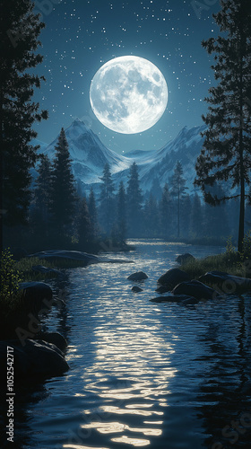 A large moon is reflected in the water of a river