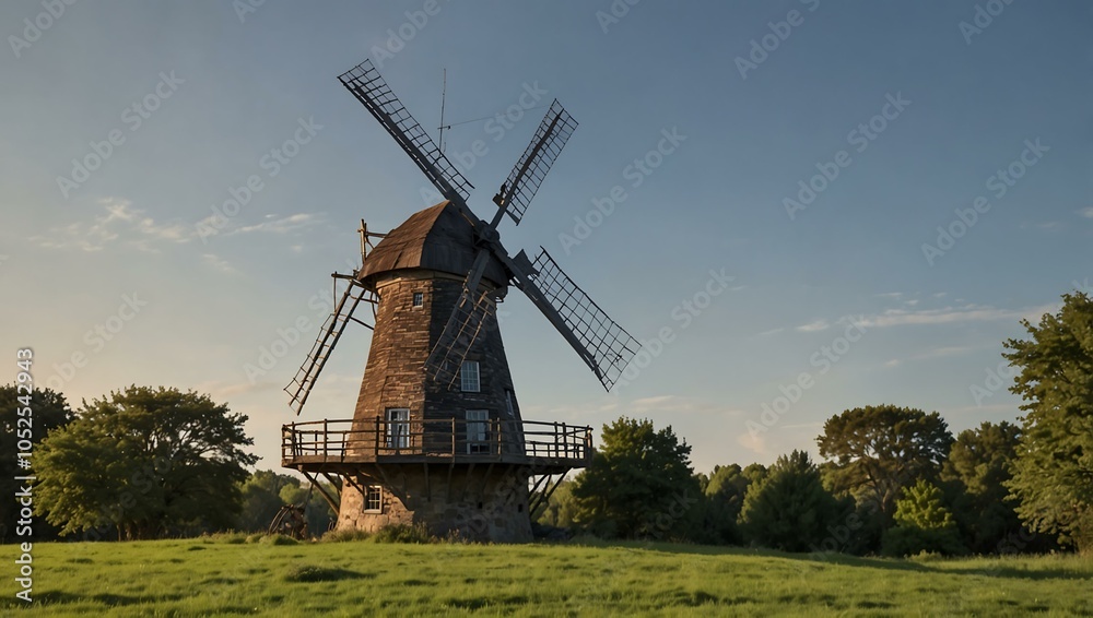 Windmill set against a tree-filled backdrop. Windmill set against a tree-filled backdrop.